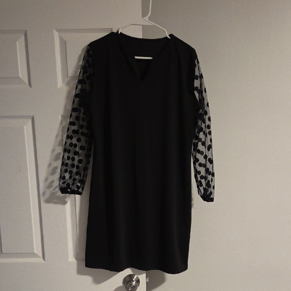 Chic Black Dress with Sheer Polka Dot Sleeves